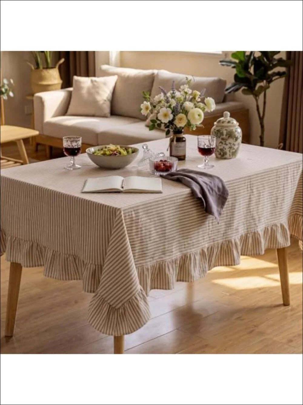 Farmhouse Ruffle Striped 100% Cotton Tablecloth 60x120 Rectangular